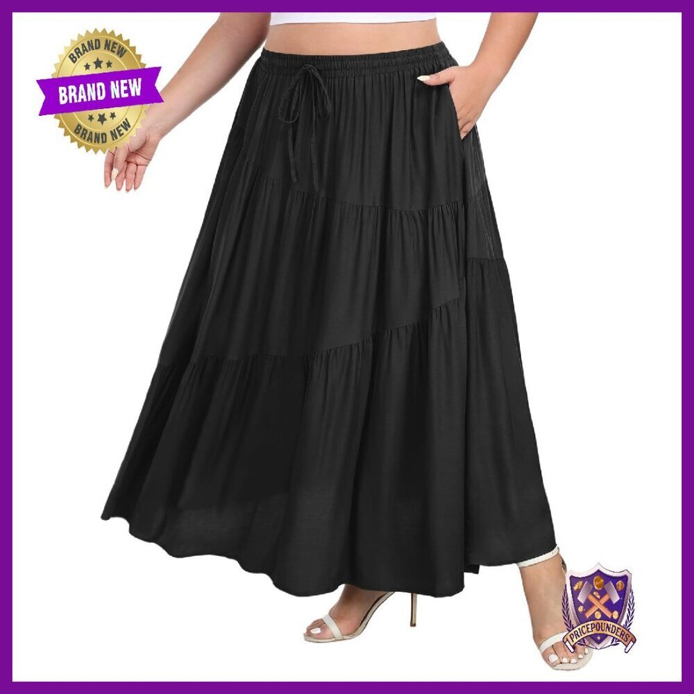 Plus Size Tiered Maxi Skirt Elastic High Waist A Line Flowy with Pockets